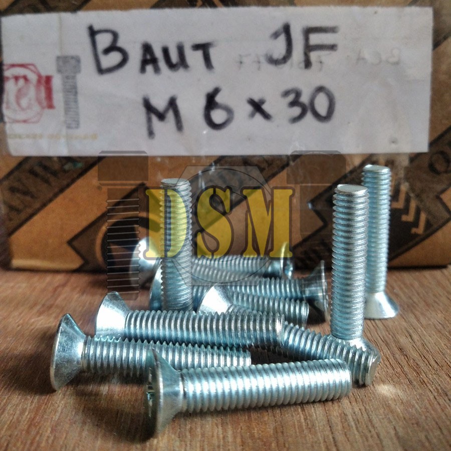 (100pcs) Galvanis Baut JF M6x30 / Machine Screw M6 Kepala Obeng Rata