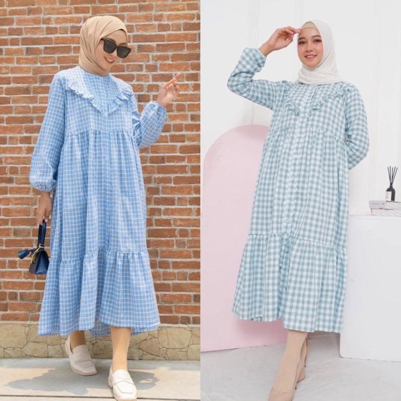 Midi Dress Tartan Kotak Katun