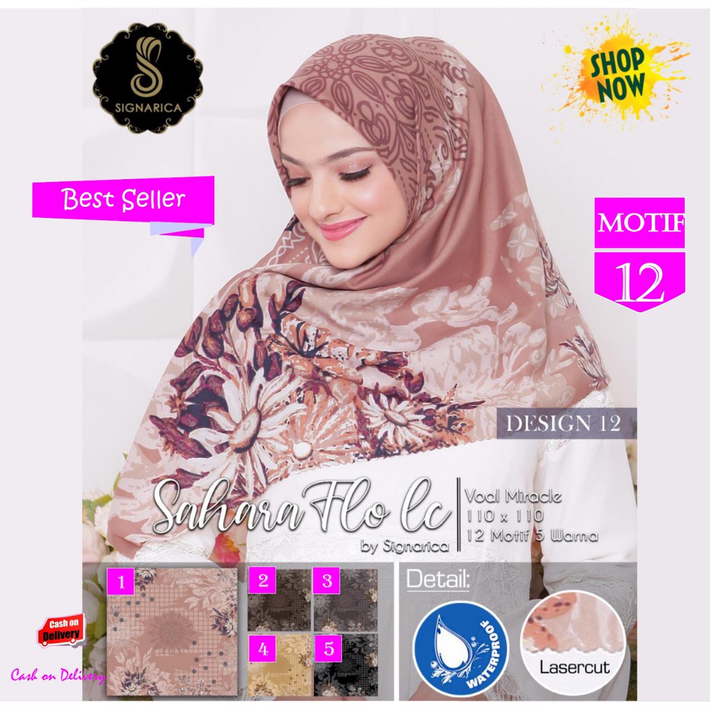 Jilbab Segi Empat Water Proof Sahara Flo Voal Miracle Laser Cut Motif