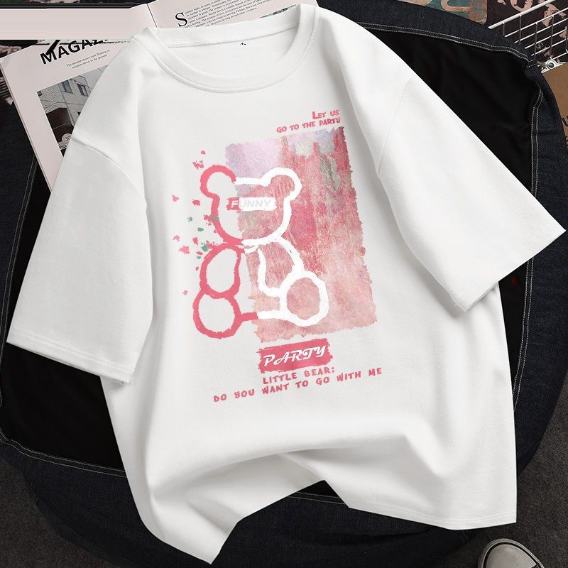 [littlecrab] Kaos Oversize Teddy Bear Funny Let Us Go To The Party Two Tone Hitam Putih Pink Kaos Tumblr Tshirt Lucu Gambar Beruang Imut Lucu T-shirt Little Bear Berkualitas Korean Style