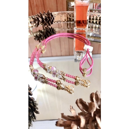 Tali Masker serut konektor hijab Kristal Pink Fanta Variasi Keramik Bunga