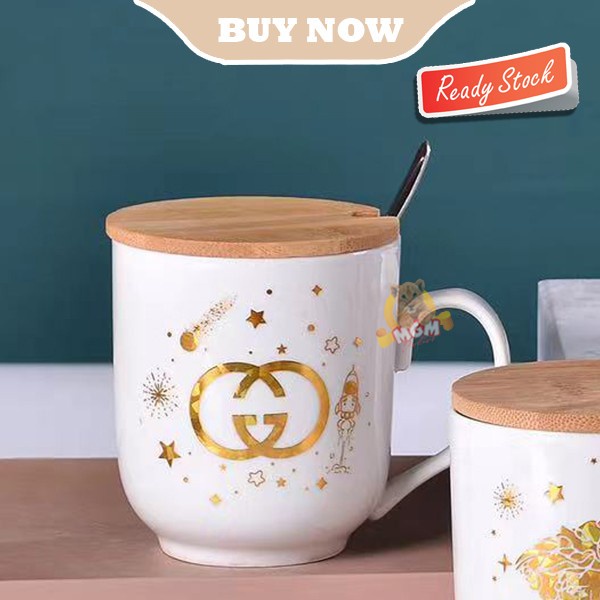 Gelas Branded Keramik Mug designer GOLD dengan Tutup dan Sendok