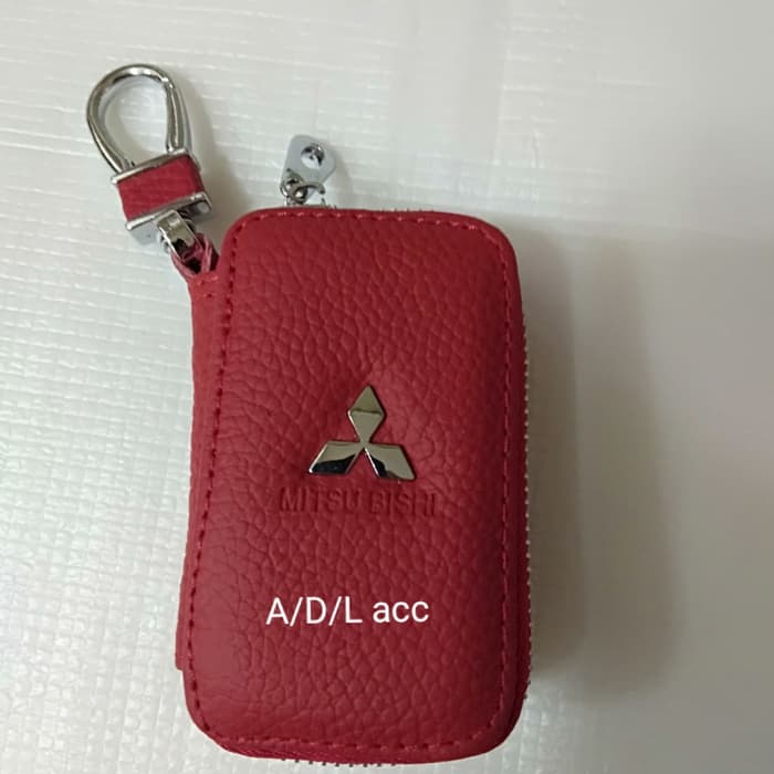 Dompet KULIT Stnk plus gantungan kunci logo MOBIL mitsubishi warna merah