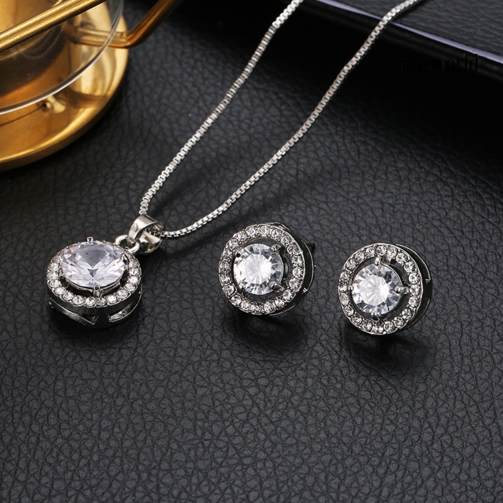 OW@ Wedding Bridal Jewelry Set Round Cubic Zirconia Necklace Bracelet Ring Earrings