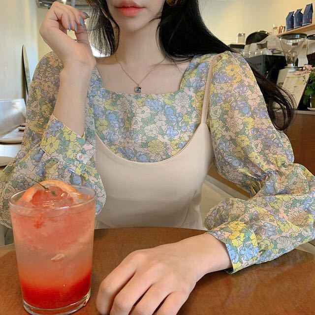 #Sisjuly# Wanita musim semi dan musim panas manis kecil lengan panjang tipis persegi kerah bocor tul