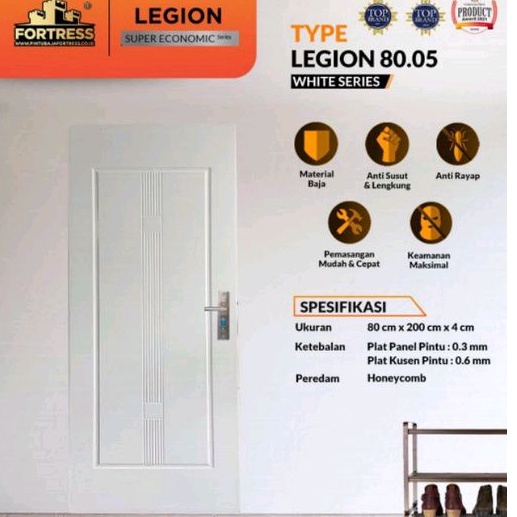 Pintu Baja Legion type 80.05 Putih ukuran 80cmx200cm lengkap sudah termasuk kusen dan handle pintu.