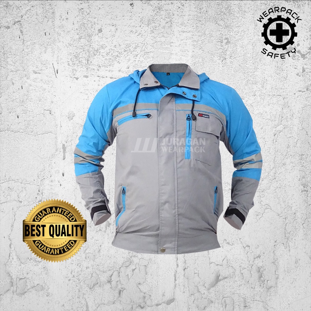 Wearpack Kerja / Wearpack Safety Jacket Hoodie Weather Shield Warna Biru Toska Kombinasi Abu-abu