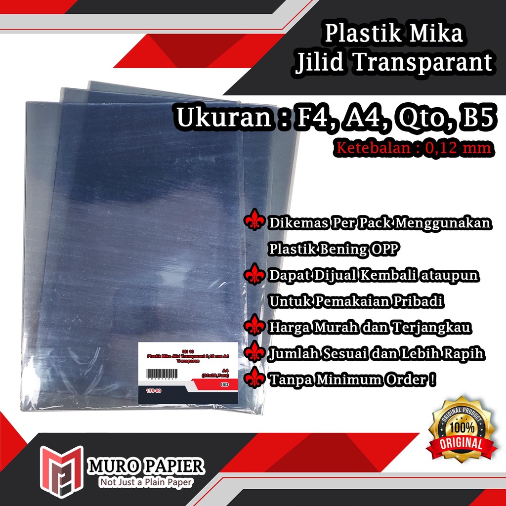 

( PER PAK - ISI 10 ) Plastik Mika Jilid Transparant 0,12 mm A4 F4 Qto B5 - by Muro Papier