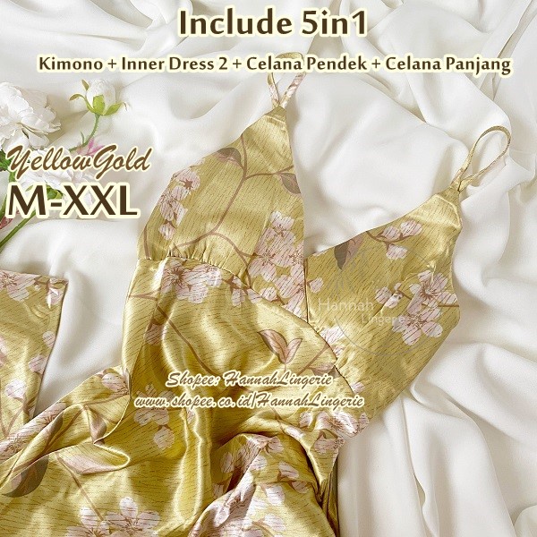 Lingerie M-XXL 5in1 Baju Tidur Seksi Satin Silk Isi Untuk Kado Suami Istri Seserahan Malam Pertama N321 Floral Mewah