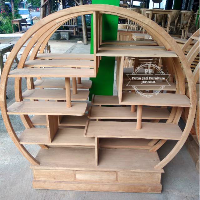 Bufet Rak Hias Kayu Jati Model Bundar, Bufet Sekat Pajangan Ruang Tamu Kayu Jati