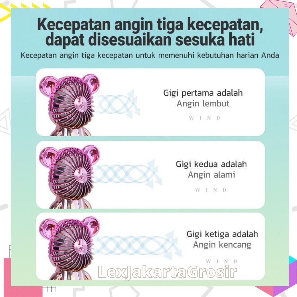 LEXJAKARTA  Kipas Angin Mini Portable / Mini Fan Karakter Beruang USB Cas / Kipas Angin Mini Beruang Alas Anti Slip Bagian