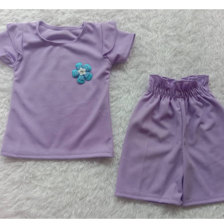 Setelan Anak Perempuan Knit Mango Waffle Ruffle Lengan pendek Setelan Kulot anak cewek knit 1-5 th babyrib-7