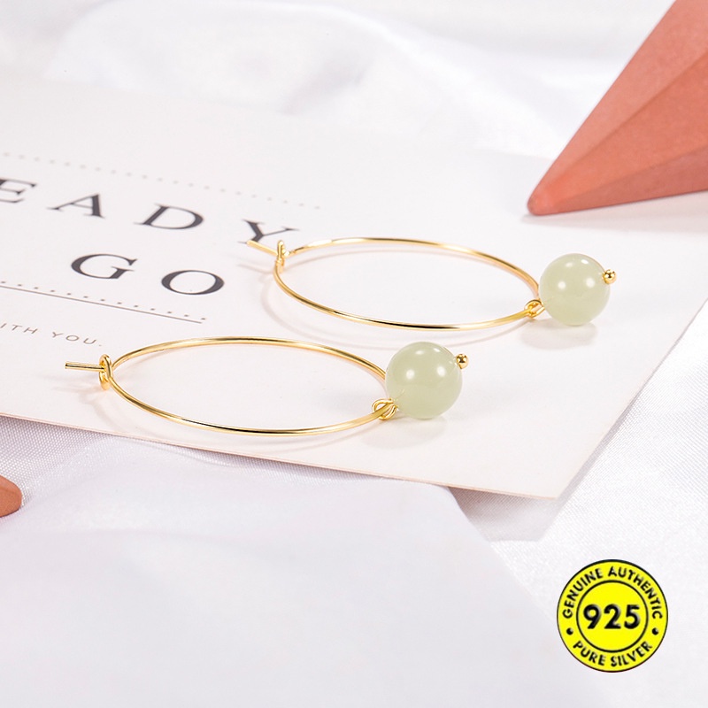 Anting Tusuk Retro Simple Anti Air / Alergi 18K Dengan Batu Giok Untuk Wanita