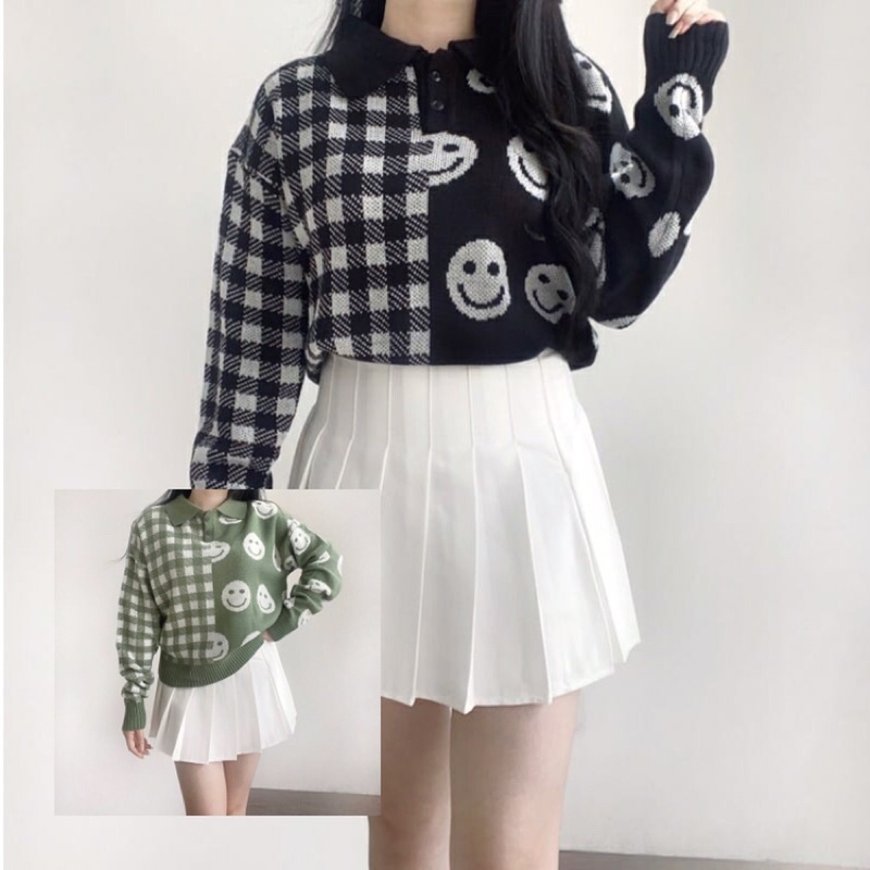 Yoona Atasan Perempuan Lengan Panjang Sweater polo knit rajut import korean blouse kerah wanita rema