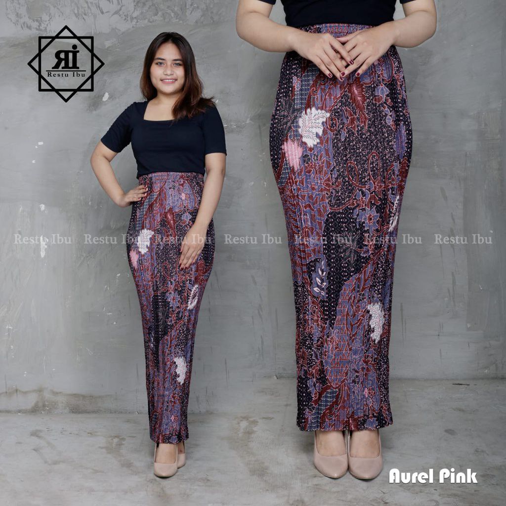 COD Rok Plisket Span Batik Instan Bahan Semi Silk Sutra Premium Bawahan Wanita Kebaya Wisuda Motif Aurel Pink