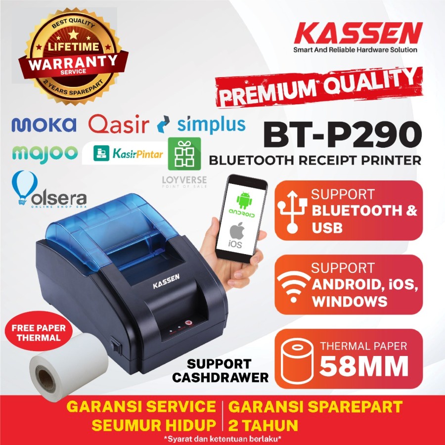 Printer Thermal Bluetooth Mini Kassen 58mm, Printer Bluetooth Kassen BTP290