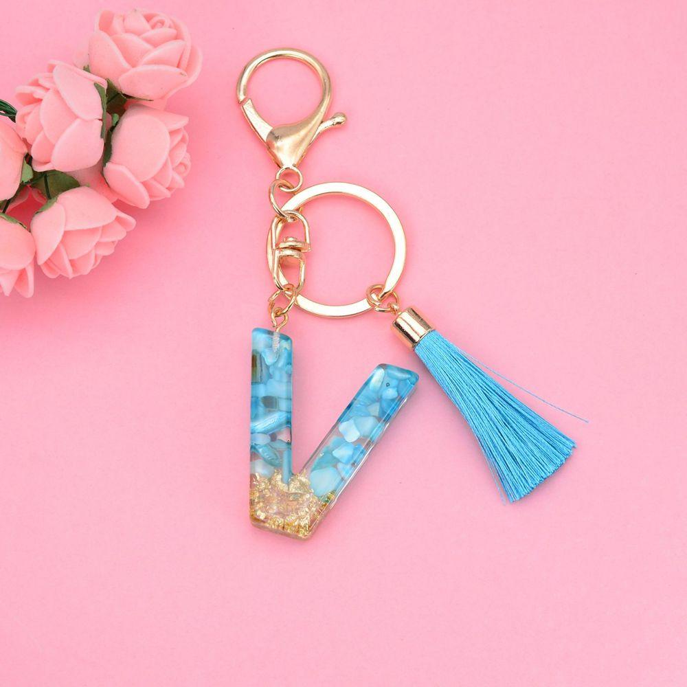 NEEDWAY 26huruf Gantungan Kunci Resin Fashion Biru Rumbai Liontin Ornamen Perhiasan Kristal Alfabet Key Chain