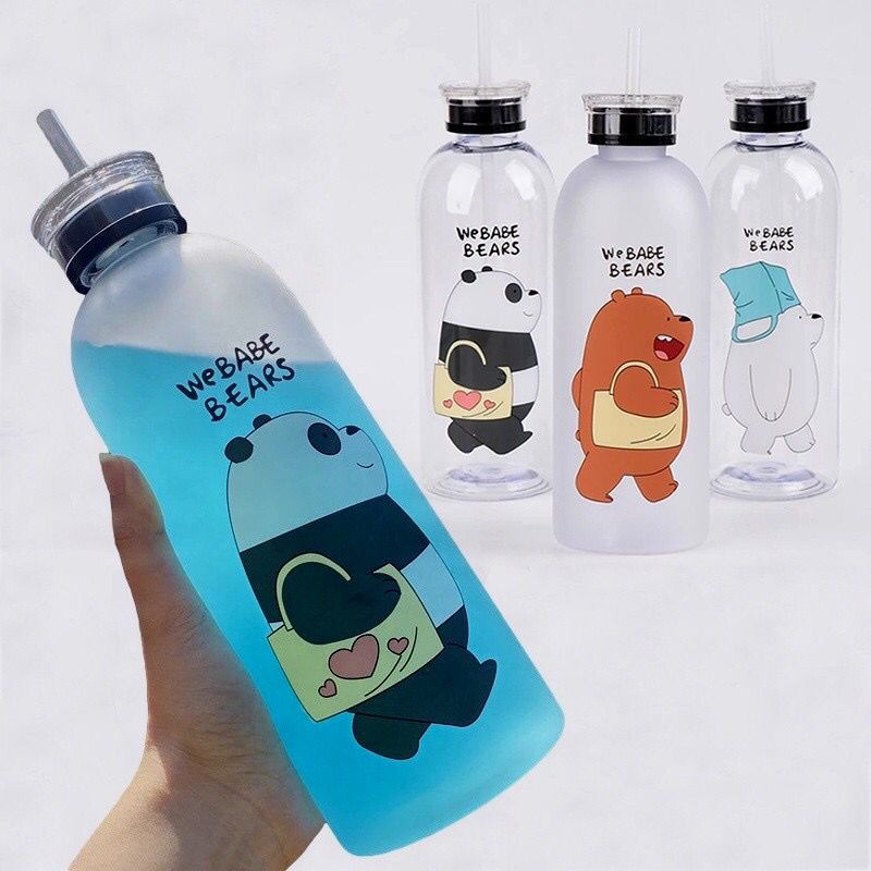 Botol Air Minum 1000ml Motif We Babe Bears Dengan Sedotan Anti Bocor Dapat 2 Jenis Tutup