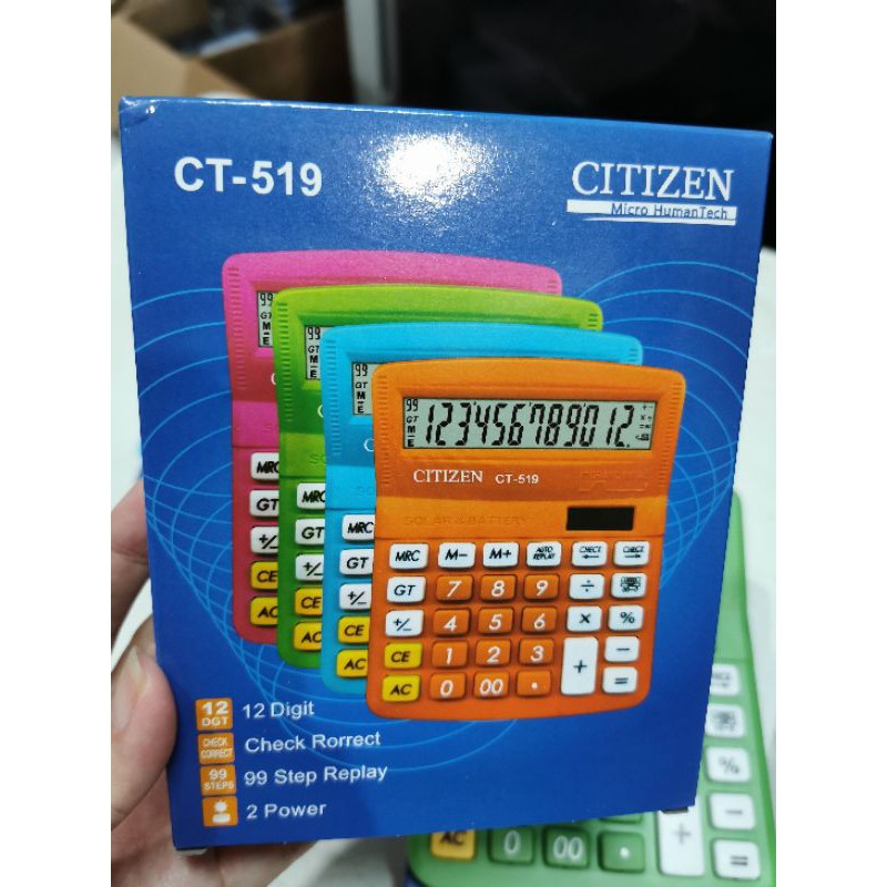 kalkulator CITIZEN CT-519 calculator 12 digit warna pink hijau biru orange