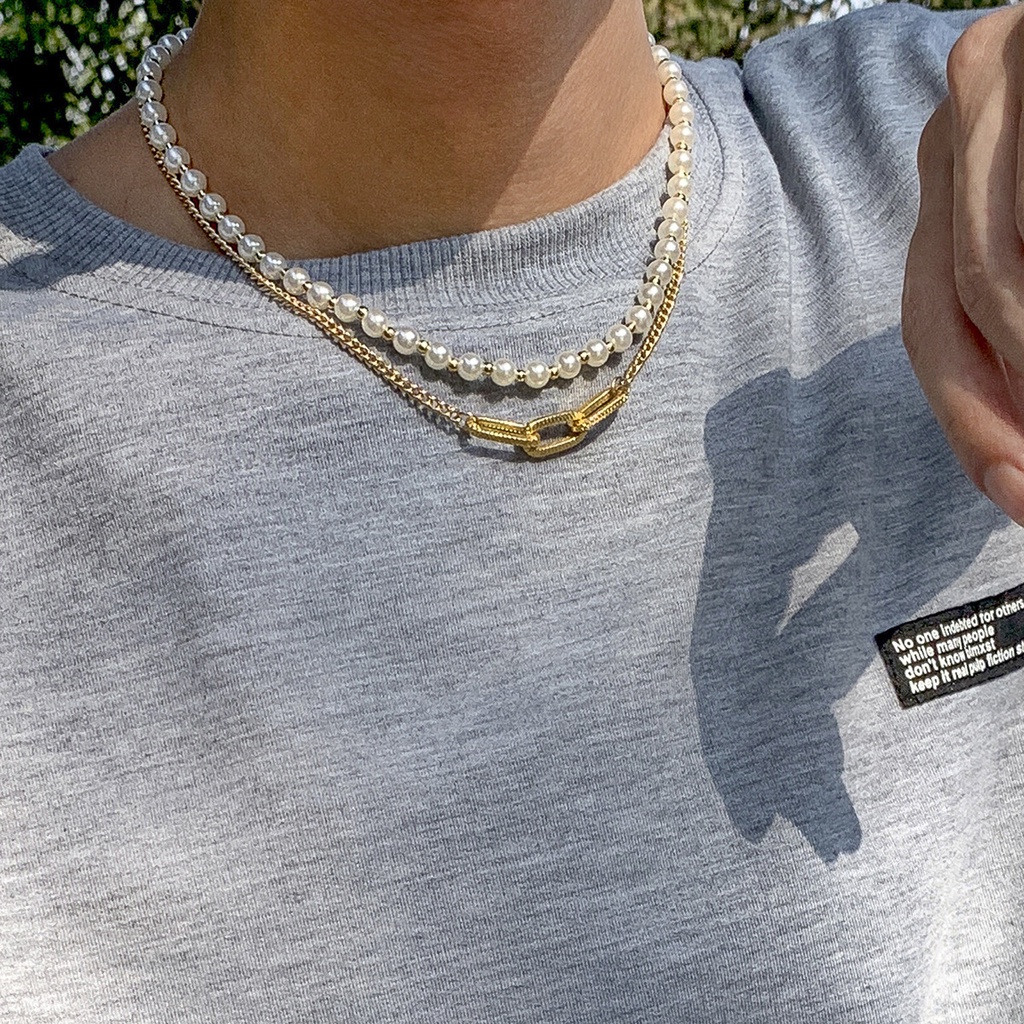 Kalung Rantai Liontin Mutiara Imitasi Bentuk O Geometris Lapisan Ganda Gaya Hip Hop Rock