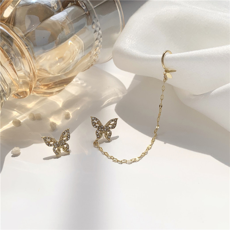 Fashion Asymmetrical Butterfly Earrings S925 Silver Needle Korean Long One-piece Ear Clip for Women Girl Jewelry Gift