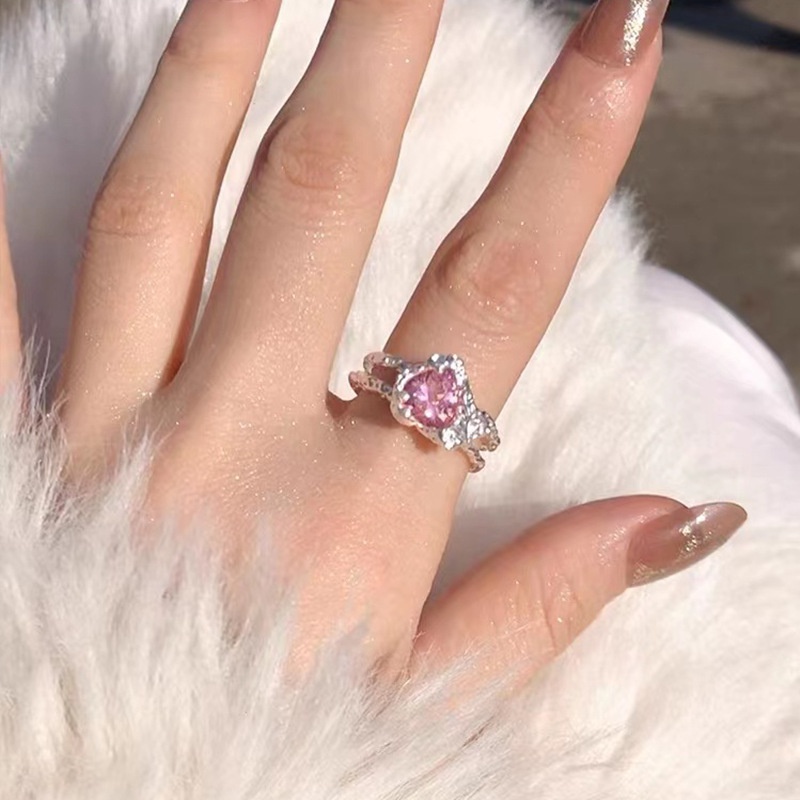 Cincin Silver Hias Kristal Pink Adjustable Untuk Wanita