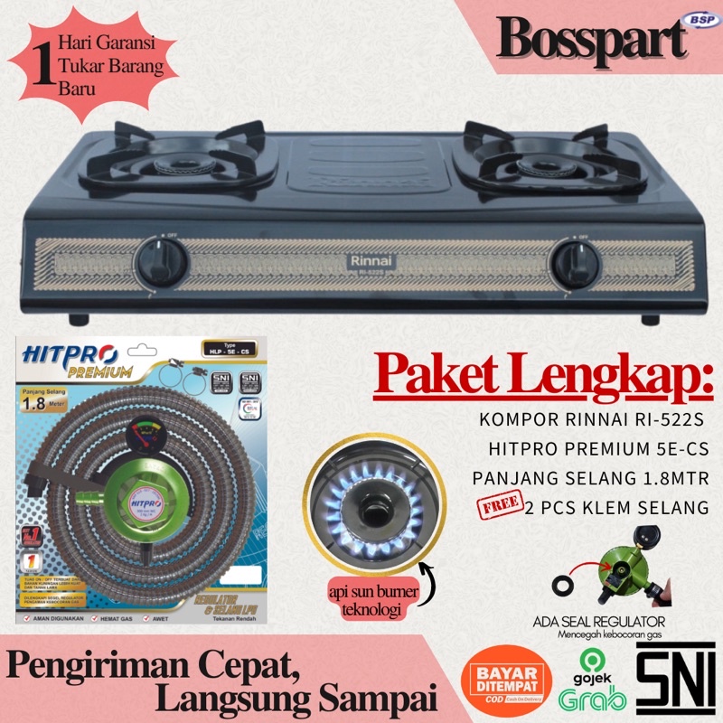 Paket Kompor Gas Rinnai 2 Tungku RI 522S bonus Selang Regulator Gas Hitpro