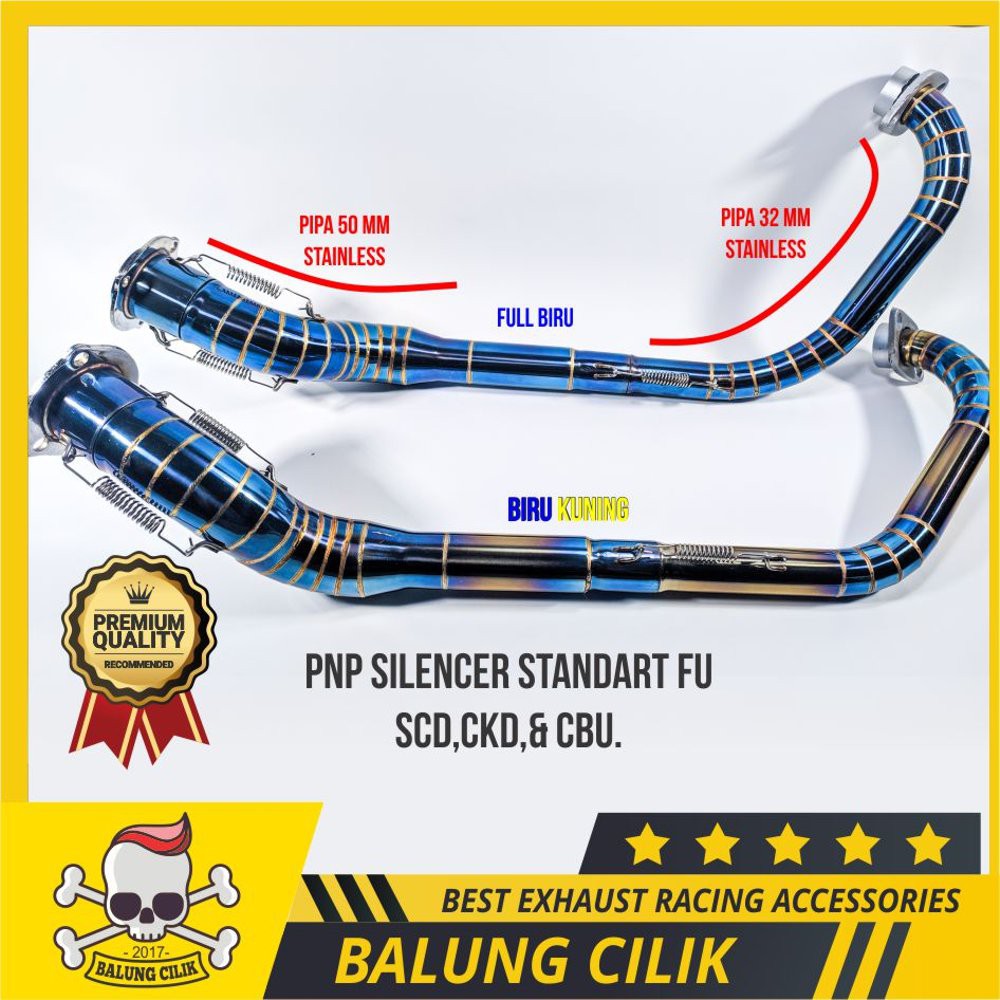 Leher Knalpot SATRIA FU 150 Biru Bluemoon Full Stainles PNP Silencer Standart + Adaptor. Header Fu