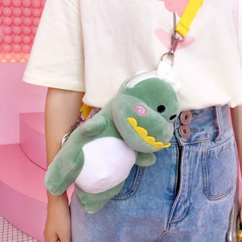 Tas Selempang Dino Tas Bahu Wanita Boneka Dinosaurus Kartun Bahan Bag Dino Kecil Imut Lucu dan Lembut