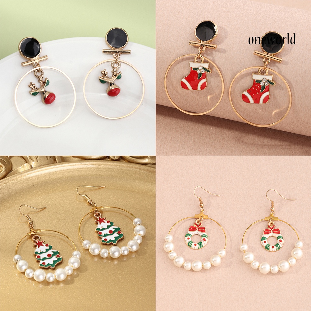 OW# Women Christmas Tree Elk Eardrop Faux Pearl Geometric Hoop Earrings Xmas Gift