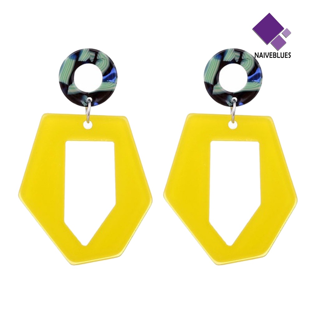Anting Stud Panjang Bentuk Hexagon Hollow Lingkaran Bahan Akrilik Untuk Wanita