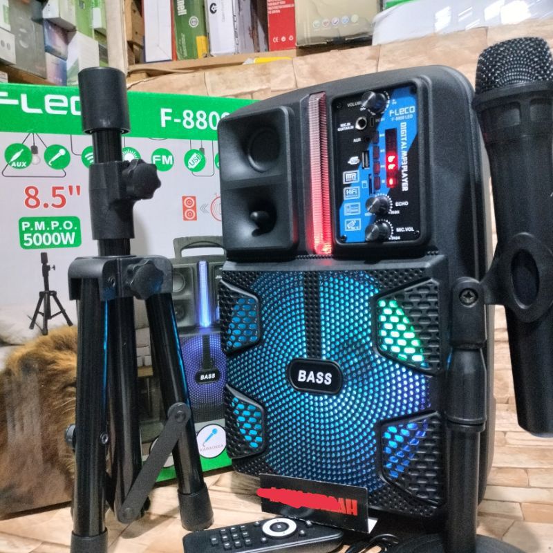 Jual speaker bluetooth karaoke fleco 8809 free stand dan mic wireless