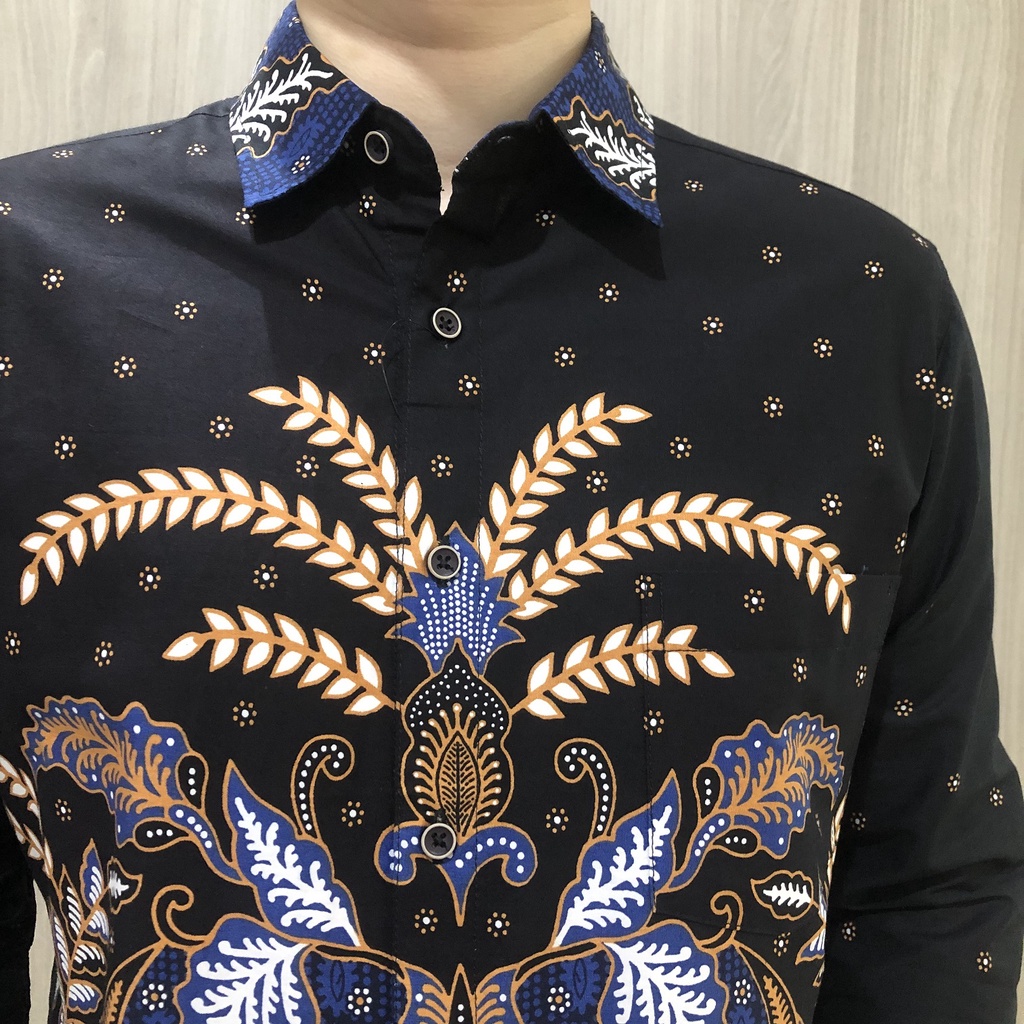 [GRIDLINE - LS047 &amp; LS036 - Black &amp; Navy] Kemeja Batik Pria Katun Lengan Panjang Slimfit Matching