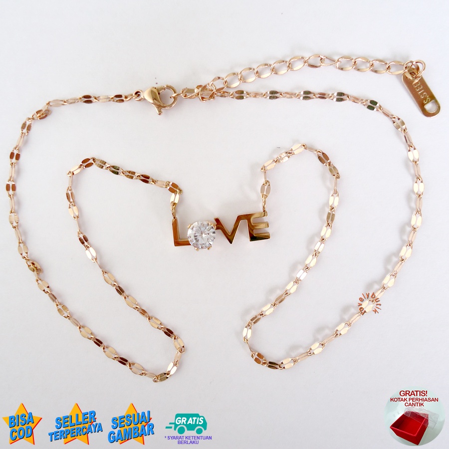 Lovelybutik - Kalung Titanium Wanita Anti Karat Anti Luntur Plus Liontin Tulisan Love 4Irin Kalung Titanium Asli Bonus Tempat Perhiasan