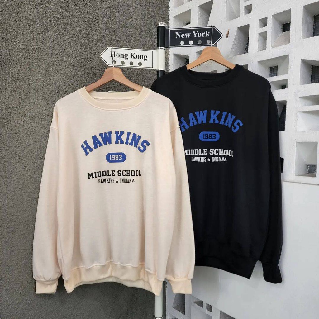 Sweater Crewneck Oblong Pria HAWKINS Desain Aestetic Fashion Terkini Atasan Basic Jacket Kasual Fashion Ala Korean FLEECE Tebal Termurah