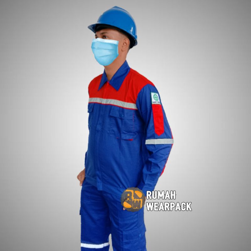 Baju Kerja/ Wearpack Proyek/ Seragam Kerja Atasan Biru Benhur Merah