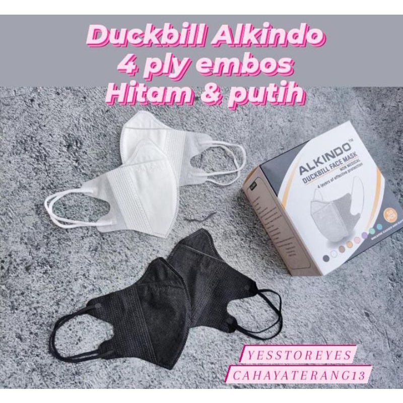 READY DUCKBILL 4 PLY ALKINDO EARLOOP EMBOSS PUTIH. DUCKBILL BER EMBOS. DUCKBILL ALKINDO PUTIH HITAM GARIS HIDUNG 4 PLY EMBOSS. FACE MASK