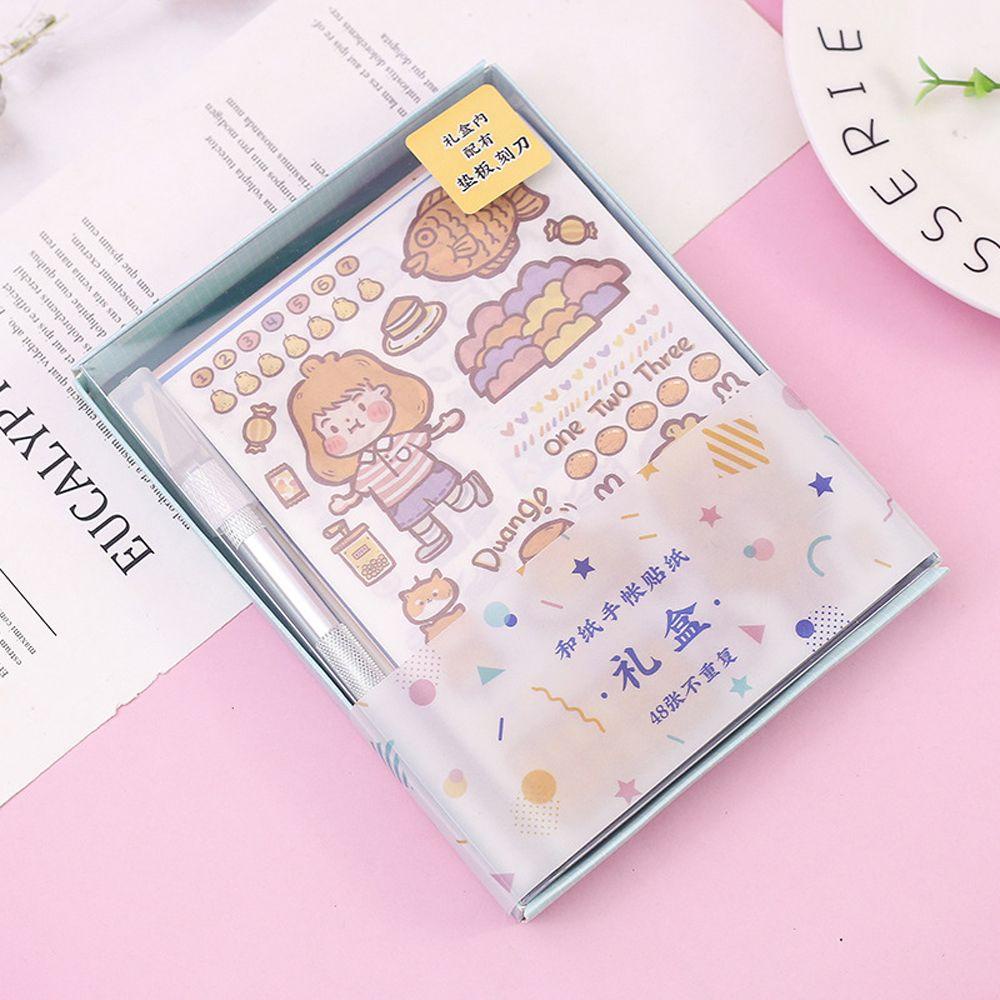 Lanfy Alat Tulis Stiker Set Kawaii 48 Pcs Dengan Graver Cutting Mat Bujo Dekorasi DIY Craft Planner Perlengkapan Sekolah Diary Scrapbooking Stickers