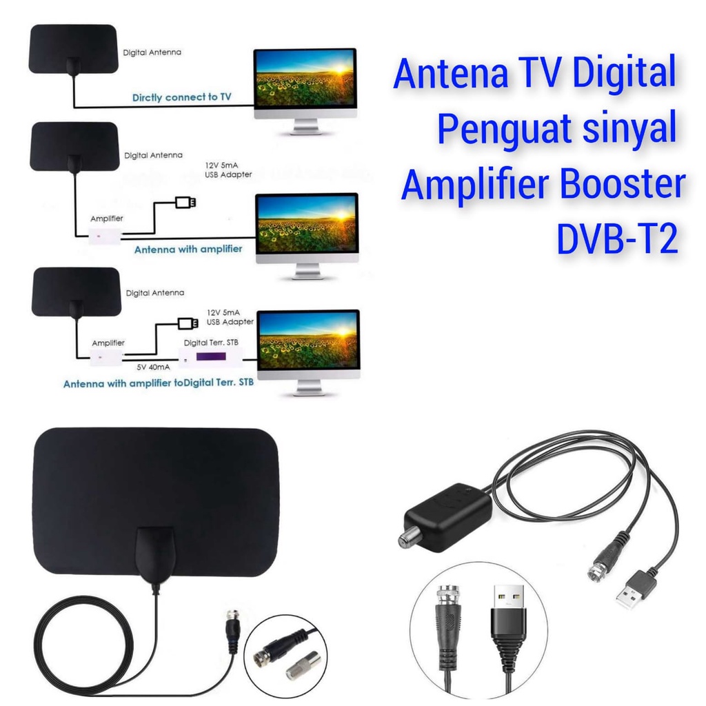 Antena TV Digital DVB-T2 dan Penguat Sinyal Antena TV Amplifier Booster DVB-T2 4K High Gain 25dB