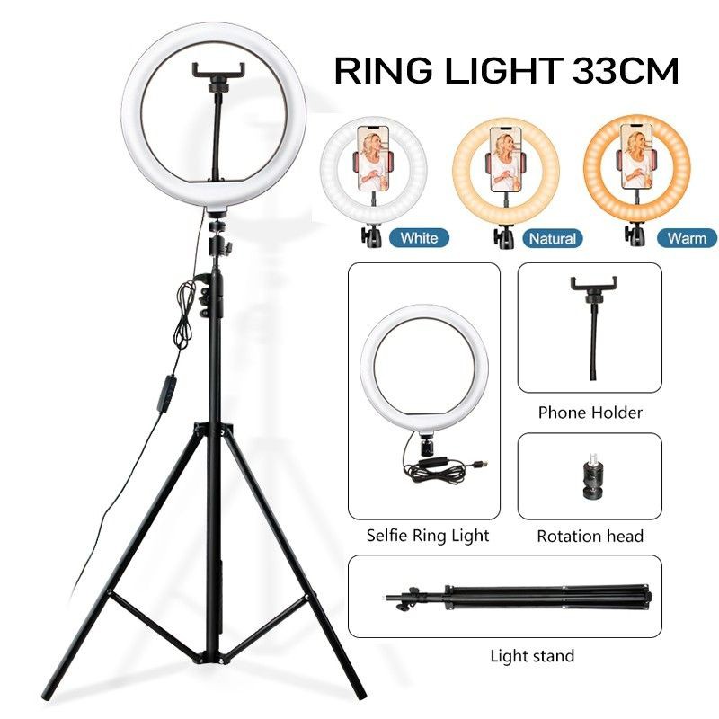 Paket Komplit Ringlight 33cm + Tripod 2,1 Meter Make Up Vlog Lampu Ringlight vlog