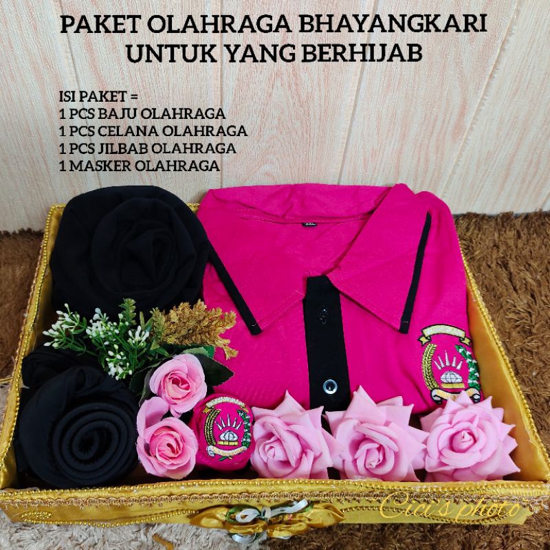 PAKET OLAHRAGA BHAYANGKARI PREMIUM ( BAJU, CELANA, JILBAB, MASKER, TAS )