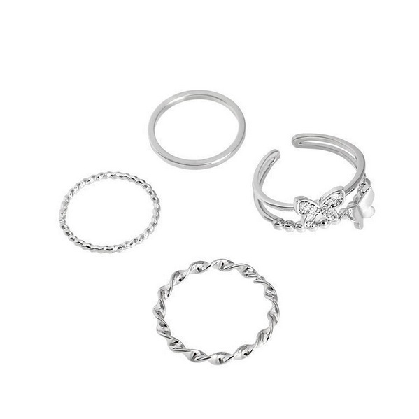 Cincin Aksen Kupu Wanita Korea Titanium Perak 4 Pcs / Set Aksesoris perhiasan Perempuan korea CNC9