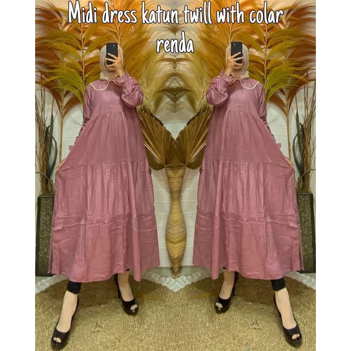 Midi Dress Kinan Renda Rayon Premium Long Tunik Busui Fashion Wanita Muslim Kekinian