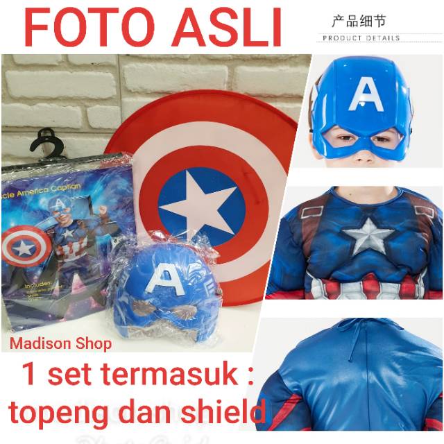 Kostum Superhero Captain America Murah Costume Halloween Kado Anak Topeng Kapten Amerika Perisai