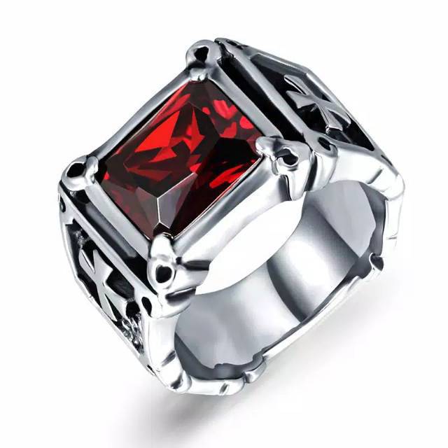 CINCIN KNIGT PRIA WANITA ZIRCON BATU MERAH DAN HITAM