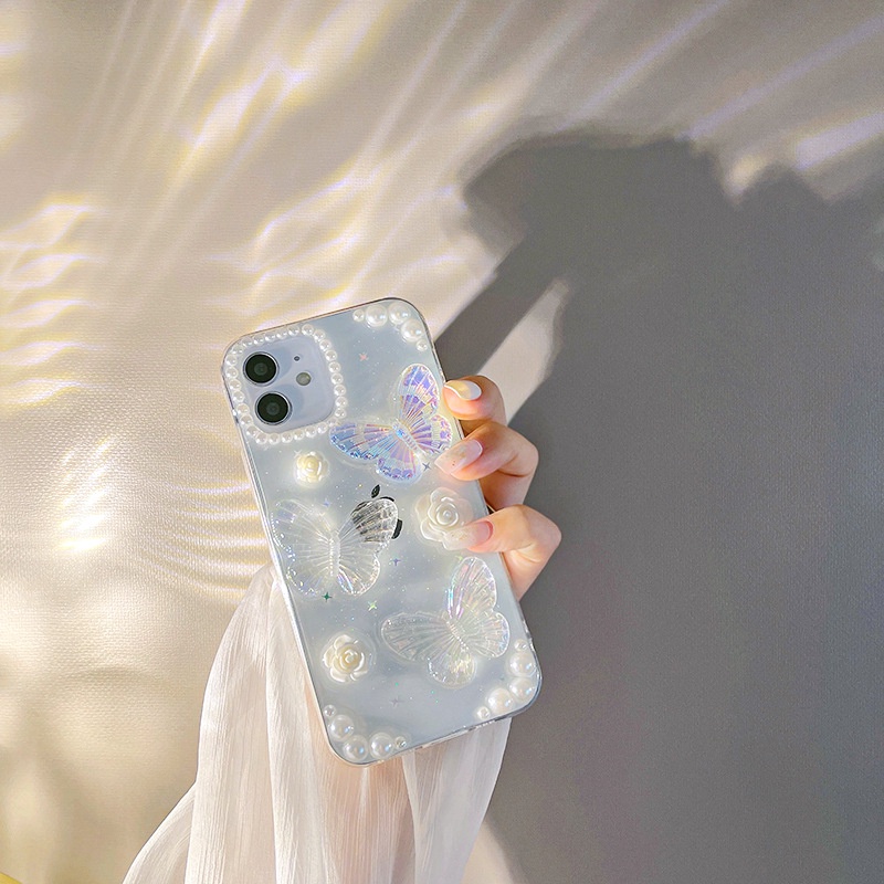 IPHONE Cute Butterfly Pearl Drop Glue Transparan Case Untuk Iphone14 7/8 SE 2020 7P/8Plus X XS XR 11 12 13 Mini Pro Max Casing Soft TPU Pelindung Kamera Cover Shell At002