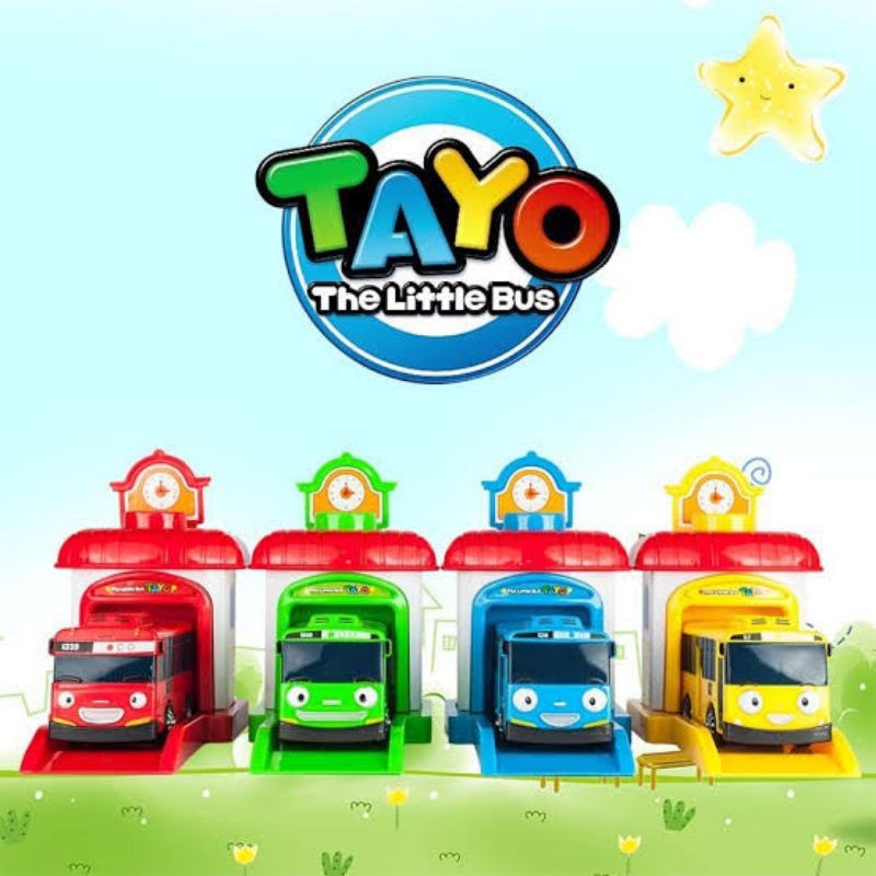 Mainan Bis Tayo Garasi 4pcs | Mainan Anak Bis Toya Baterai Lampu dan Musik |  Mainan Mobil Mobilan M