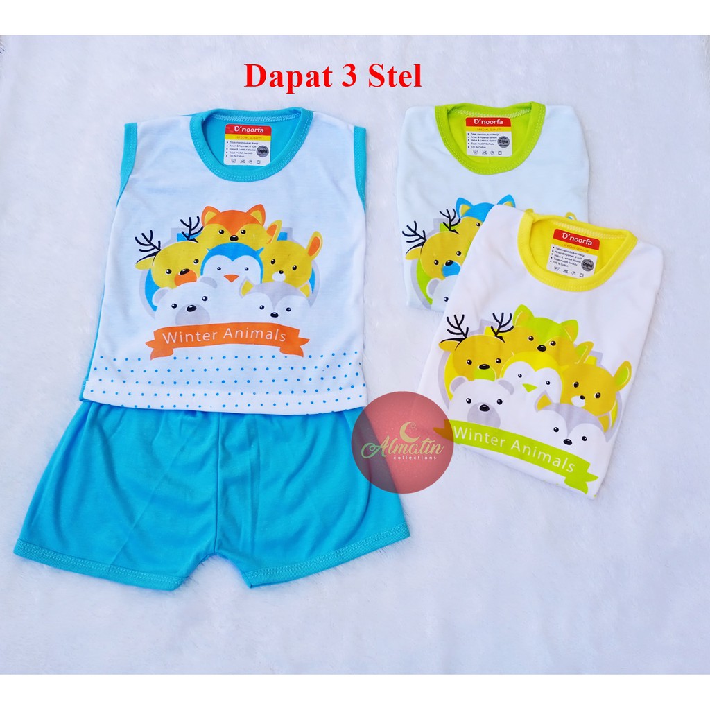 3 Pcs Setelan Baju Bayi Murah Lengan Kutung D noorfa. 0-8 Bulan. Bahan Lembut &amp; Adem, Harga Konveksi