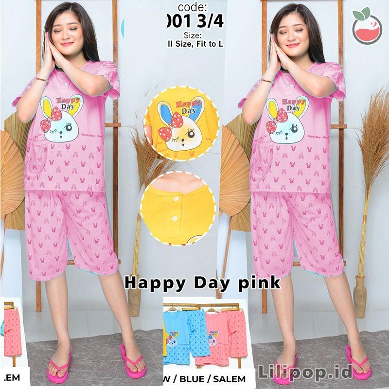 SUNCHERY COD BAJU TIDUR 3/4 ALL SIZE/BABYDOLL KEKINIAN MURAH/SLEEPWEAR WANITA-HAPPY DAY PINK
