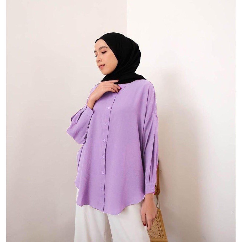 KEMEJA BASIC KONINA BAHAN RAYON | KEMEJA BLOUSE WANITA BAHAN ADEM FULL KANCING-Purple Konina
